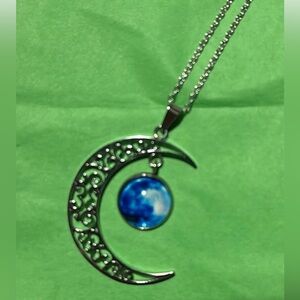 Silver Crescent Moon Necklace with Blue Pendant  23" Length